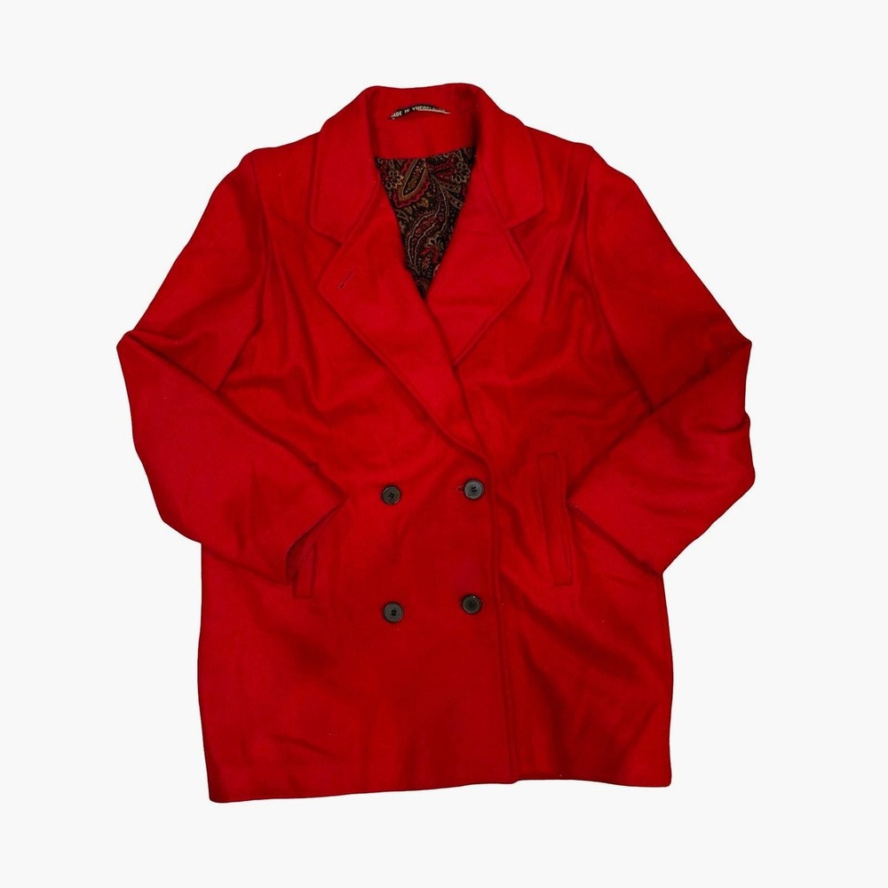 Vintage Wool Pea Coat Women Red Double Breasted Paisley Lining 80s Size 9/10 - Picture 2 of 11